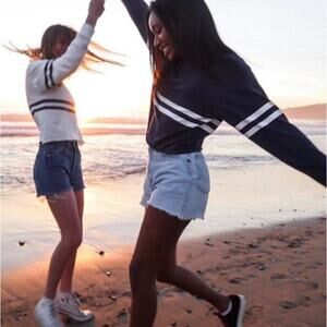 Brandy Melville Women Acacia Navy Double Stripe Cotton Made in Italy Sweatshirt